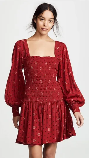 Free People Ruby Combo Two Faces Smocked Mini Dress Red Boho‎ Small NWT thumbnail 1