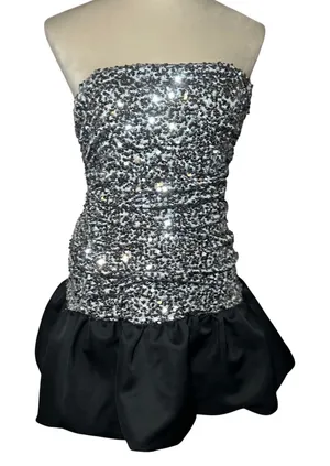 Lovers and Friends Silver Black Sequin Strapless Bubble Hem Mini Dress Small thumbnail 1