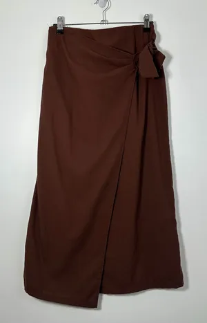 SHEIN Brown Wrap Midi Skirt Women’s Medium M Side Tie Linen Blend thumbnail 1