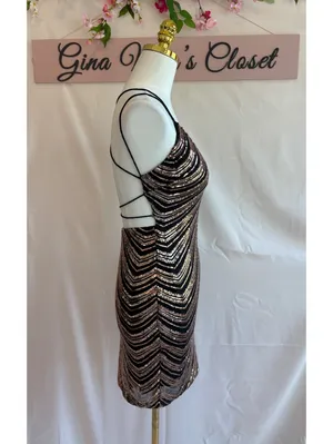 Lovely Day Women's Black and Rose Sequin Mini Dress with Strappy Open Back, Size thumbnail 3