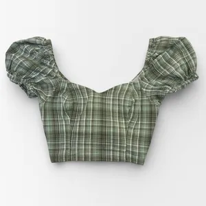 Dizzy Lizzy Green Plaid Milkmaid Corset Puff Sleeve Crop Top Medium thumbnail 2