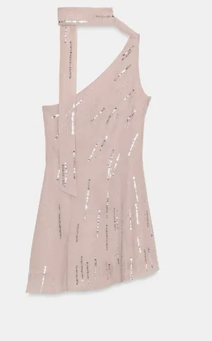 BNWT Zara Stone Grey Sequin Beaded Foulard Scarf Mini Dress thumbnail 1