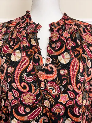 LOFT Paisley Ruffle Neck Long Sleeve Blouse Black Pink Boho Women’s Small thumbnail 5