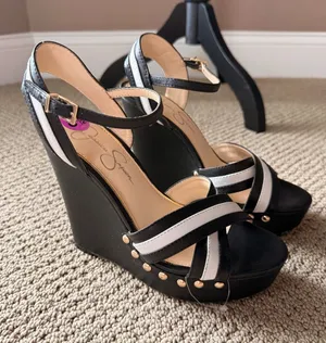 Jessica Simpson Tellira Black and White Leather Platform Strap Wedge Sandals thumbnail 1