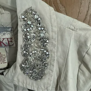 BKE Beige Ruffle Trench Coat Jacket Embellishments Collar Corset Back Detail Med thumbnail 3
