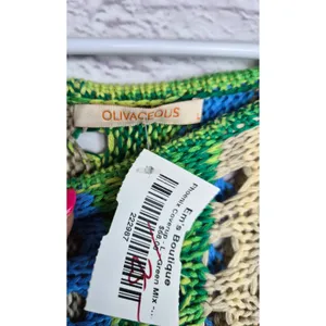 Olivaceous Phoenix Open Knit Crochet Dress Swim Coverup Green Blue Striped L NWT thumbnail 6