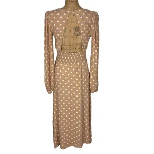 AFRM Kimmy Midi Dress Cutout Slit Tan White‎ Polka Dot Long Sleeve Size Medium thumbnail 5