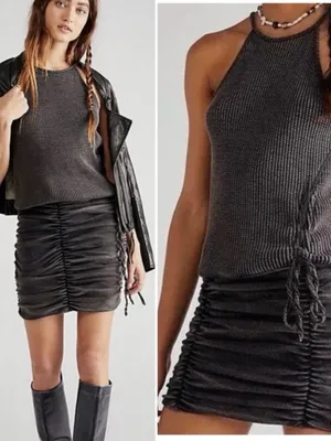 Free People Charcoal Gray Katya Bodycon Ruched Thermal Ribbed Dress thumbnail 2