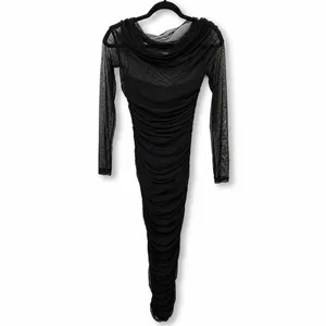 NEW Lulus Sunama Black Mesh Ruched Long Sleeve Bodycon Cocktail Midi Dress Small thumbnail 6