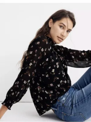 Madewell XL Black Floral Smocked Mock Neck Long Sleeve Blouse Romantic thumbnail 2