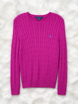 Polo Ralph Lauren Sport Cable Knit Sweater Pink Magenta Blue Pony | Size Large thumbnail 1