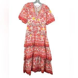 Farm Rio size XS romantic orchard tiered midi dress pink red white thumbnail 2