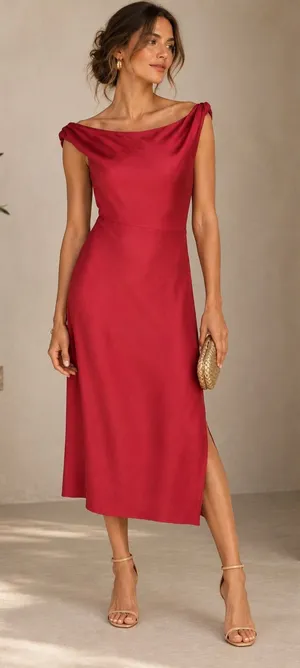 Anthropologie Red Linen Blend Off Shoulder Midi Dress Draped Neckline Slit XS thumbnail 1