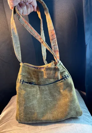 Handmade Olive Mustard Velvet Shoulder Bag Dragonfly Lining Boho Artisan thumbnail 1