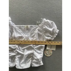 Jolie & Joy‎ Eyelet Crop Top Small White Ruched Puff Sleeve Smocked Sweetheart thumbnail 7