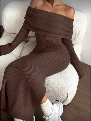 MOOSTA Elegant Charming Foldover Chocolate Brown sweater dress thumbnail 4