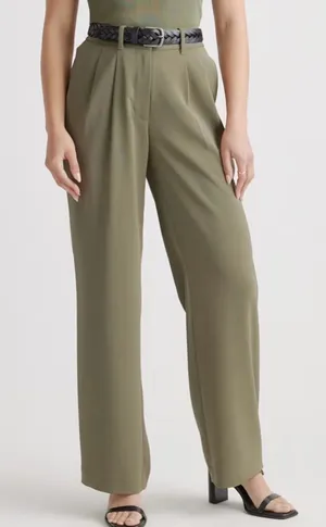 NWT Quince Stretch Crepe Pleated Wide Leg Pants Olive Green 2 thumbnail 1