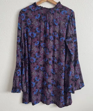 Free People Wine Purple Blue Boho Floral Mystery Bell Sleeve Tunic Blouse thumbnail 11