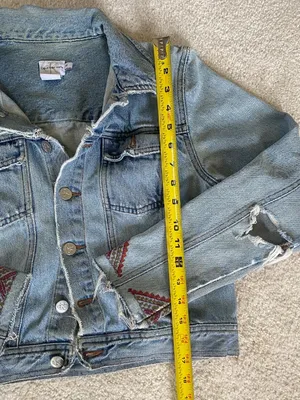 Vintage Calvin Klein Distressed Denim Jacket Embroidered Sleeves Women’s Sz M thumbnail 8