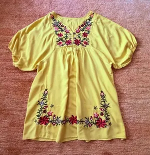 Yellow Embroidered Boho Tunic Mini Dress Floral Loose Fit M thumbnail 1