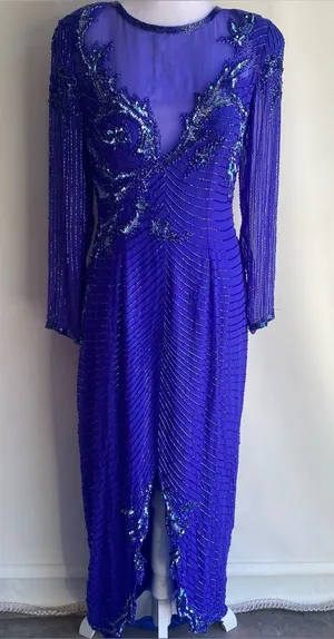 A.J. Bari vintage blue beaded silk floor length gown glamour gala black tie 12 thumbnail 1