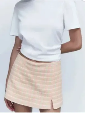 NEW Zara Pink & Green Plaid Tweed Gingham Mini Skort Size Small thumbnail 2