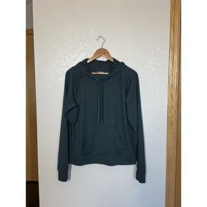 Quince Heathered Green Flowknit Pullover Hoodie Large Performance Thumbhole thumbnail 1