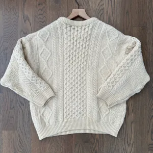Anthropologie Vintage Celtic Country 100% Wool Irish Cable Knit Crew Neck Sweater Cream Large thumbnail 7