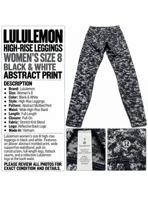 Lululemon Women's Black and White Patterned Leggings Size 8 thumbnail 2