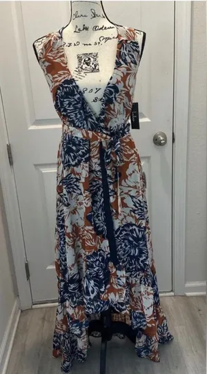 Lulu's Navy and Brown Floral Wrap Maxi Dress thumbnail 1