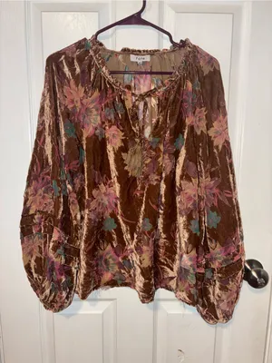 Fate Brown Velvet Floral boho sheer Tie-Neck Peasant Blouse thumbnail 2