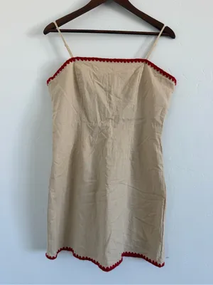 Hello Molly Natural Elements Mini Dress XL Beige Red Trim Cotton NWT thumbnail 2