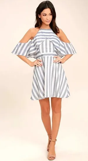 Lulu's The Wind is Right Blue and White Striped Off-the-Shoulder‎ Dress XL thumbnail 1