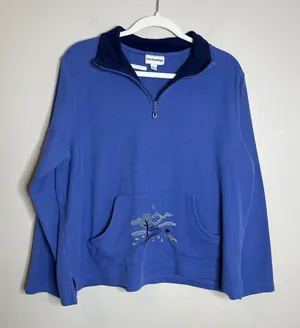 Breckenridge womens quarter zip Pullover Blue Embroidered Preppy Cottage VTG‎ L 90s Nature thumbnail 1