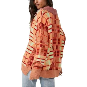 Free People Ruben Oversized Textured Plaid Collared Sweater‎ Boho Pullover M thumbnail 3
