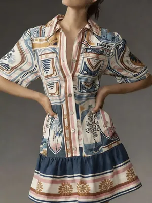 NWOT Farm Rio Linen Cerrado Stamps Short Sleeve Mini Dress Size XL Pocket thumbnail 1