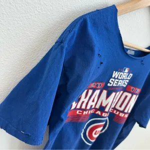 Chicago Cubs "2016 World Series Champions" Blue Off the Shoulder T-shirt thumbnail 4