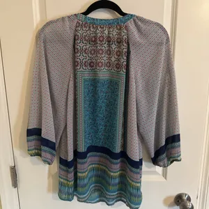 Fig and Flower Womens Patchwork Floral Blouse Blue 3/4 Sleeve Top Large thumbnail 3