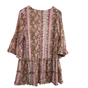 Entro‎ Snake Print Ruffle Tiered V Neck Bell Sleeve Mini Dress Size M thumbnail 4