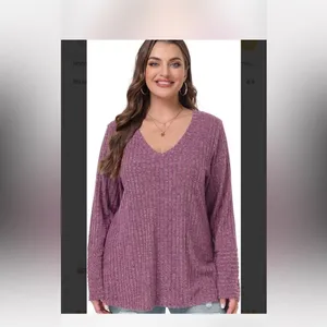 Belaroi plus size, ribbed V-neck, long-sleeve top in a mauve or purple-ish color thumbnail 6