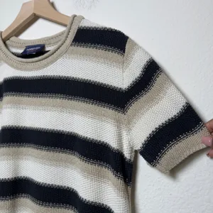 VTG‎ 90s Women Cotton Open Knit Sweater Large Preppy Tan Striped Black Coastal thumbnail 5