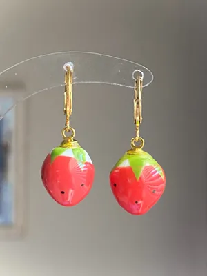 Handmade Kawaii retro fairy y2k ceramic strawberry earrings🍓🐛⭐️🌀 thumbnail 3