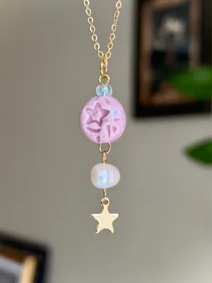Handmade pink porcelain star coin bead boho retro whimsy fairy necklace⭐️🩷 thumbnail 3