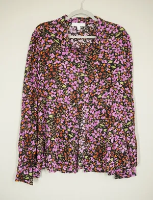 Adyson Parker Women's 3X Floral Button Down Blouse Tiered Peplum Rayon Top Black thumbnail 1