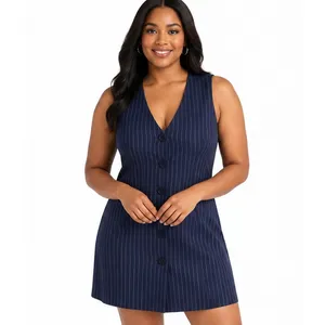 Steve Madden Womens Dress Size L Navy Pinstripe Sleeveless Button Front Career thumbnail 6