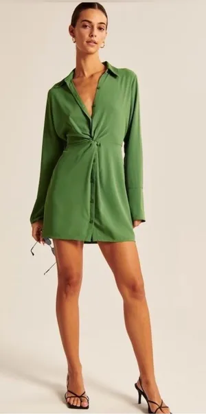 Abercrombie & Fitch Dress Small Tall Long Sleeve Twist Front Mini Green NWT New thumbnail 1