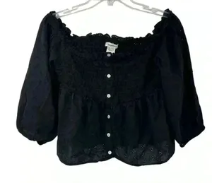 Passport Off-Shoulder Black Embroidered Blouse Size L‎ Boho Witchy Goth y2k thumbnail 1