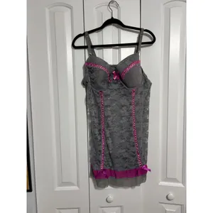 Just‎ Sexy Intimate Chemise Lingerie Coquette Gray Pink Ribbon Lace 2X thumbnail 2