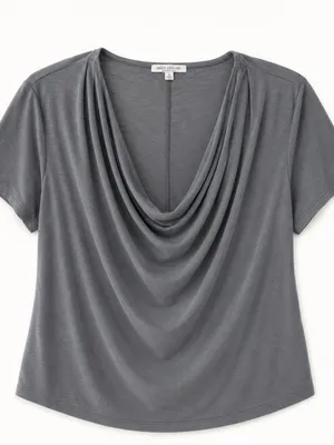 Green‎ Envelope Draped V-Neck Short Sleeve Top - Charcoal Gray thumbnail 1