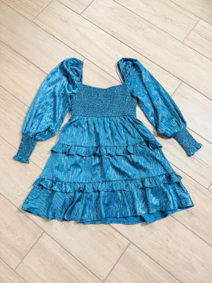 VICI Teal Metallic Stripe Tiered Mini Dress Smocked Puff Sleeve NWOT Size M thumbnail 7
